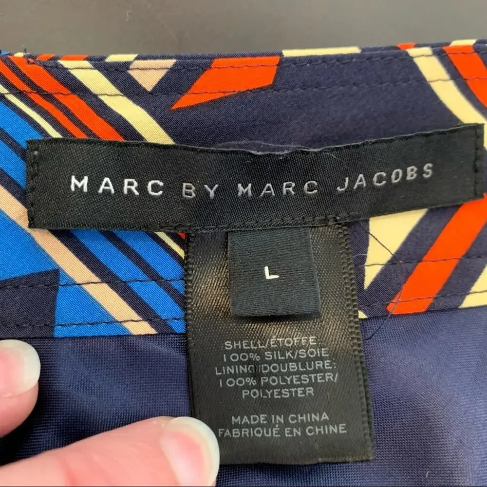Marc by Marc Jacobs blue orange tan geometric silk dress size Large
